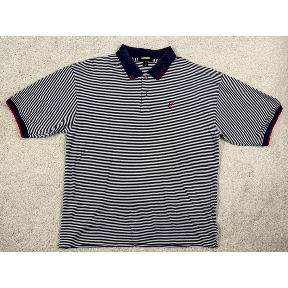 ASHWORTH Men's XL Cotton Golf Polo Shirt Navy Blue Striped Y2K Preppy #1426